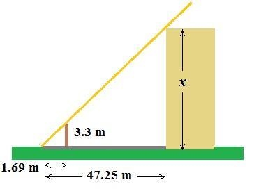 A pole that is 3.3 meters tall casts a shadow that is 1.69 meters long. At the same-example-1