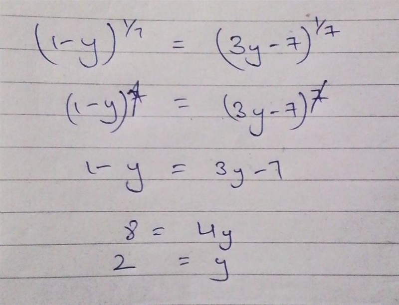 Solve for y: (1-y)^1/7=(3y-7)^1/7-example-1