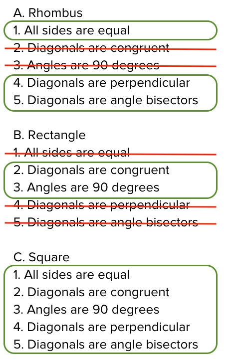 Select ALL of the characteristics that apply to each parallelogram. A. Rhombus 1. All-example-1