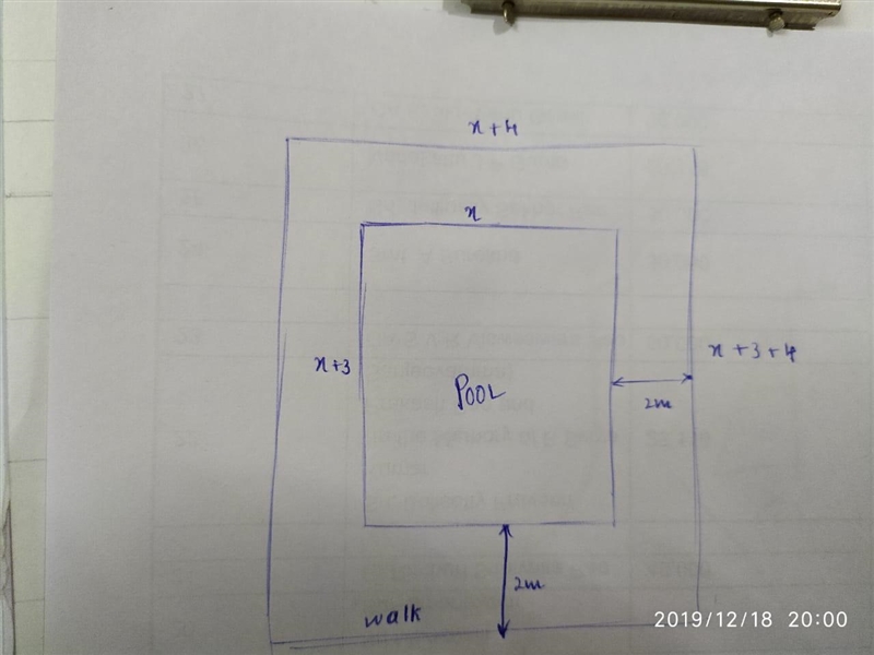 HURRYYY A rectangular pool is surrounded by a walk 2 meters wide. The pool is 3 meters-example-1