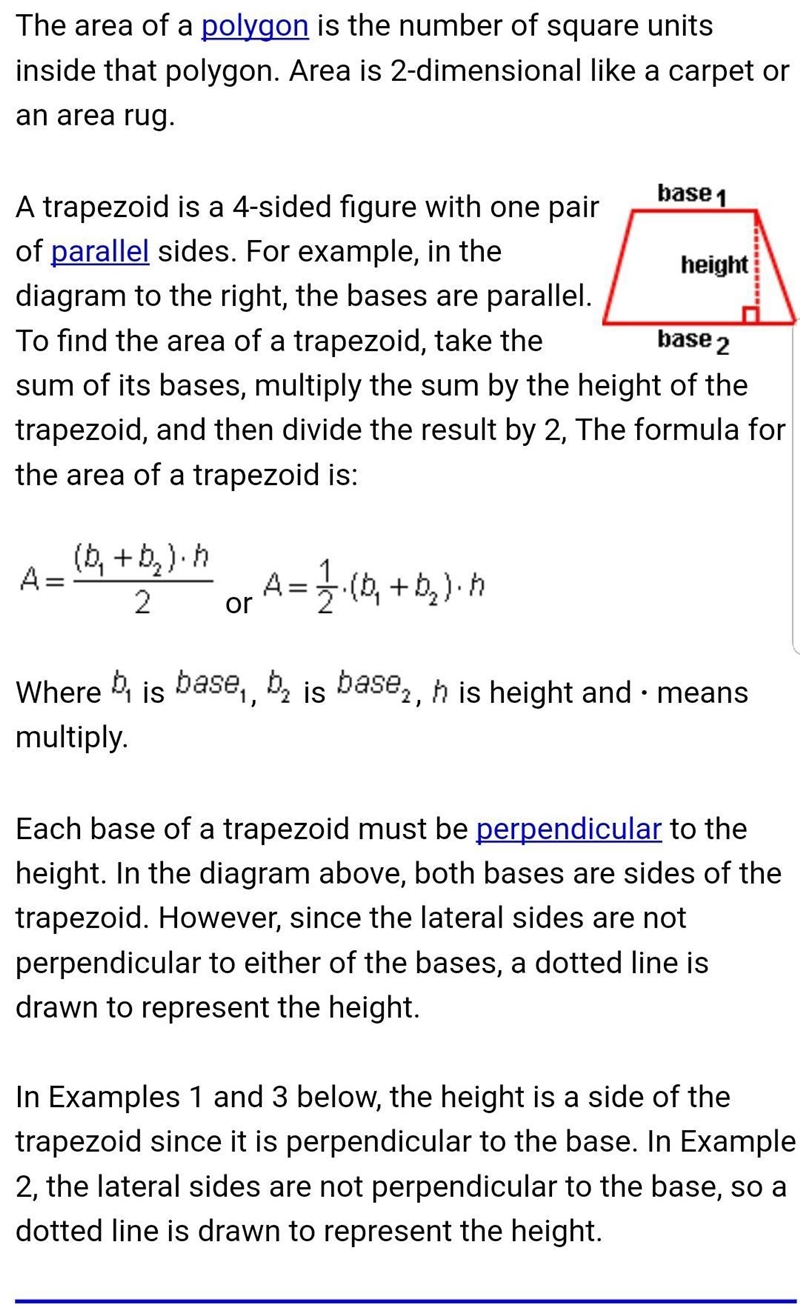 to find the area of a trapezoid use the expression 1/2h (b1 + b2), where h represents-example-1