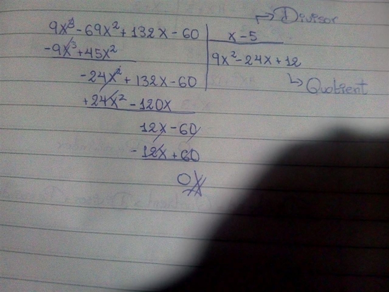 Simplify the expression using synthetic division. (9x3 – 69x2 + 132x – 60) ÷ (x – 5)-example-1