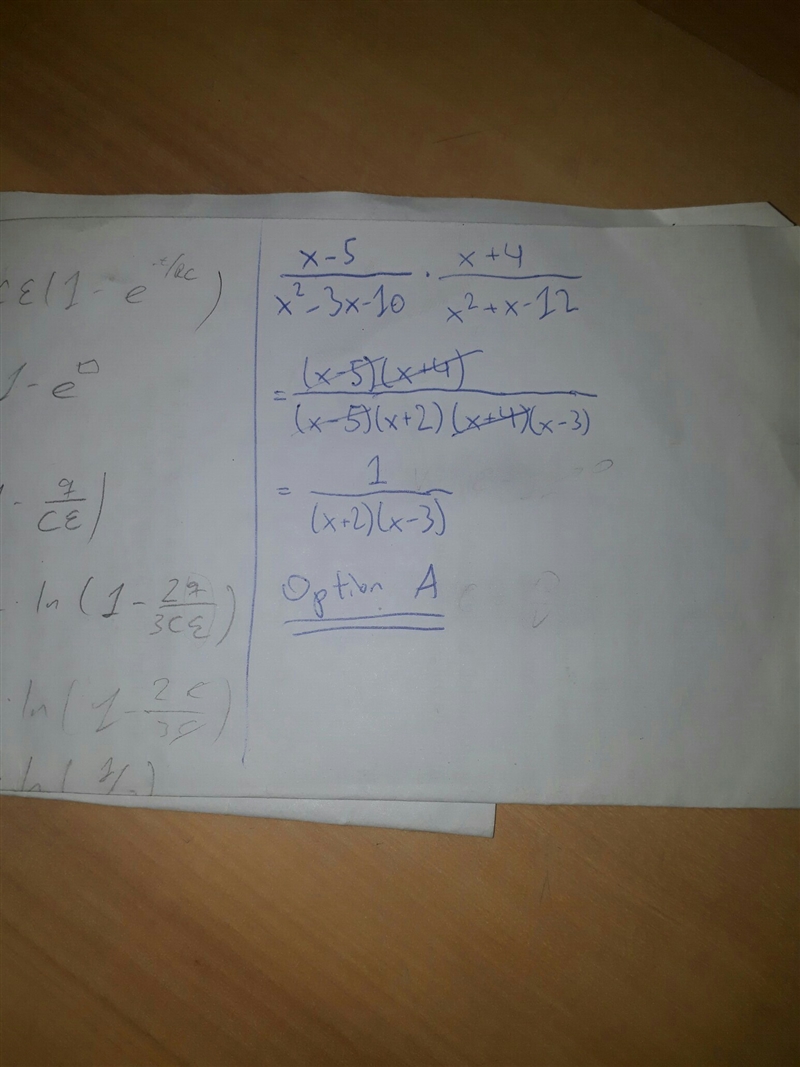 *ALGEBRA HELP ASAP* What is the simplified form of x-5/x2-3x-10 * x+4/x2+x-12 A.) 1/(X-example-1