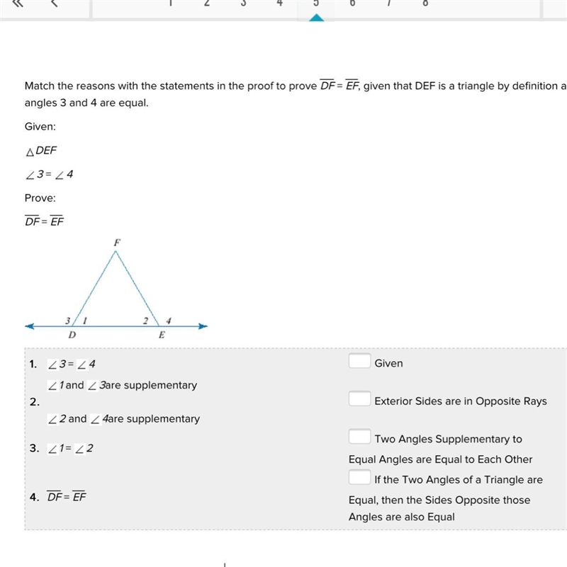 Match the reasons with the statements in the proof to prove DF = EF, given that DEF-example-1