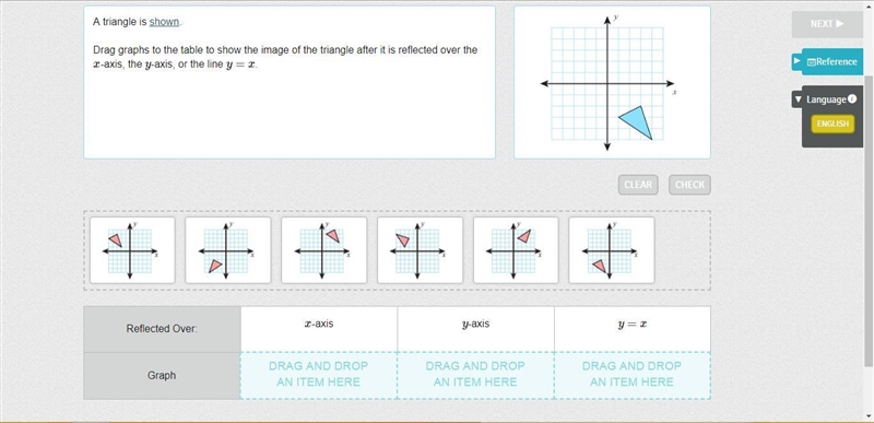 A triangle is shown. Drag graphs to the table to show the image of the triangle after-example-1