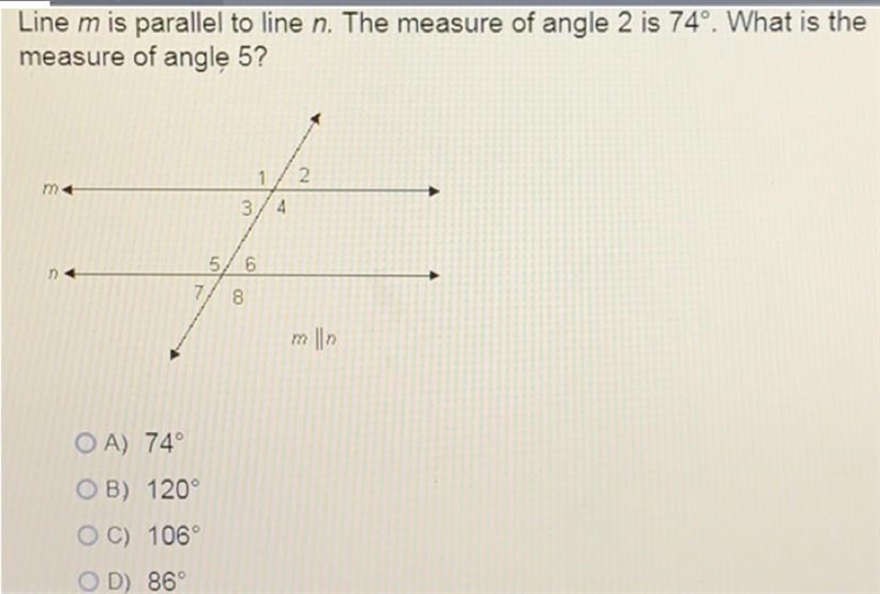 Line m is parallel to line n. The measure of angle 2 is 74°. What is the measure of-example-1