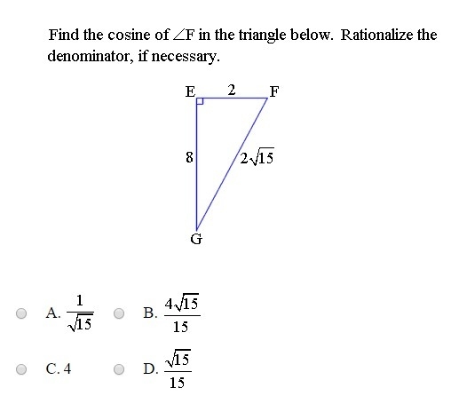 Find the cosine of F in the triangle below. Rationalize the denominator, if necessary-example-1