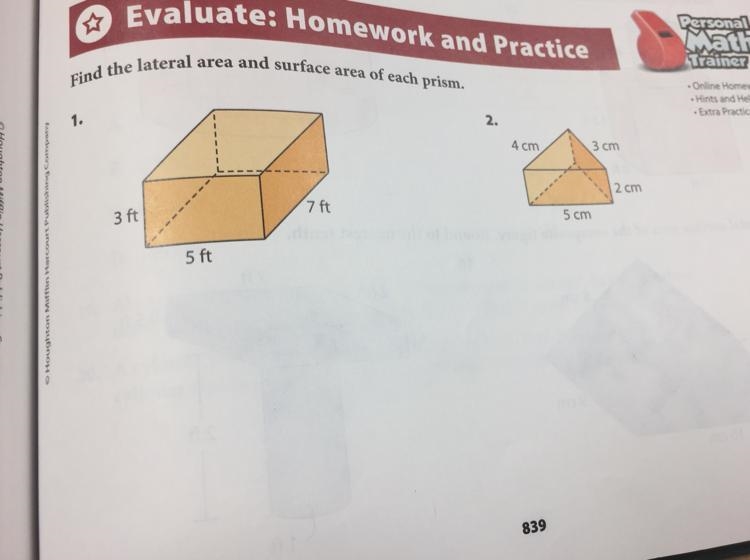 For #1 and 2, Find the lateral area and surface area of each prism.-example-1