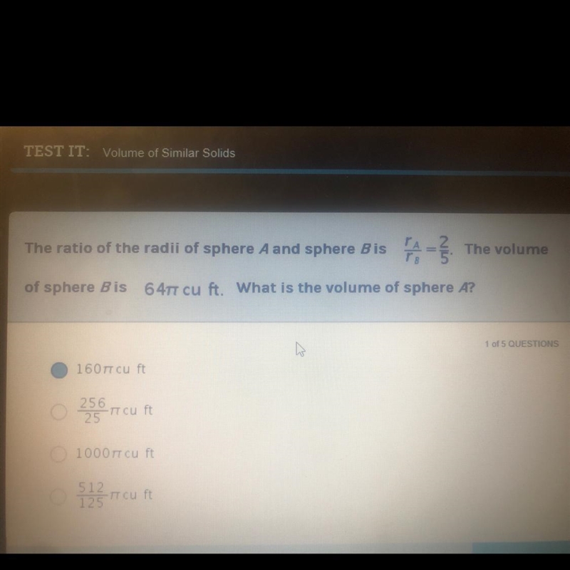 The ratio of the radio of sphere A and sphere B is Ra\Rb =2/5. The volume of sphere-example-1