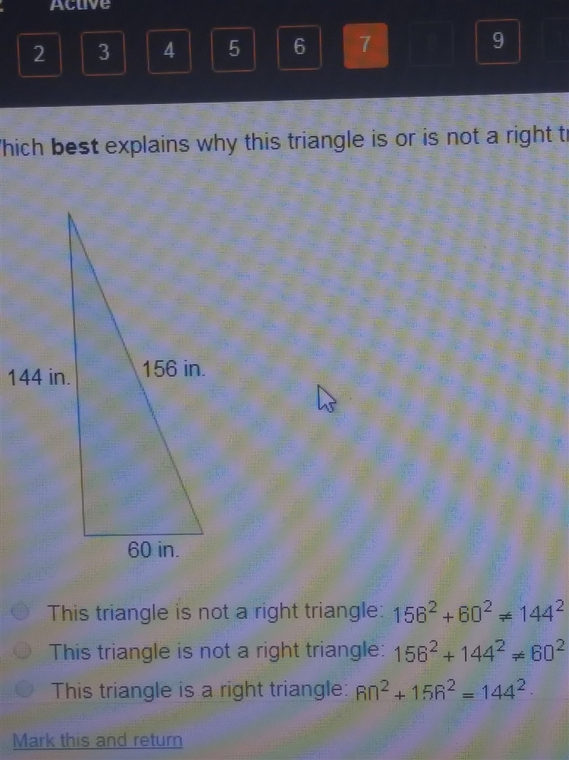 Which best explains why this triangle is or is not a right triangle?-example-1