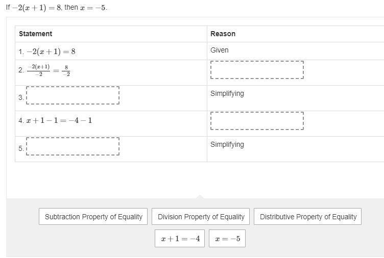 Drag a statement or reason to each box to complete this proof. If −2(x+1)=8, then-example-1