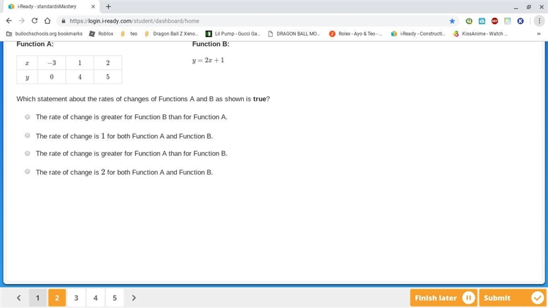 Which statement about the rates of changes of Functions A and B as shown is true?-example-1