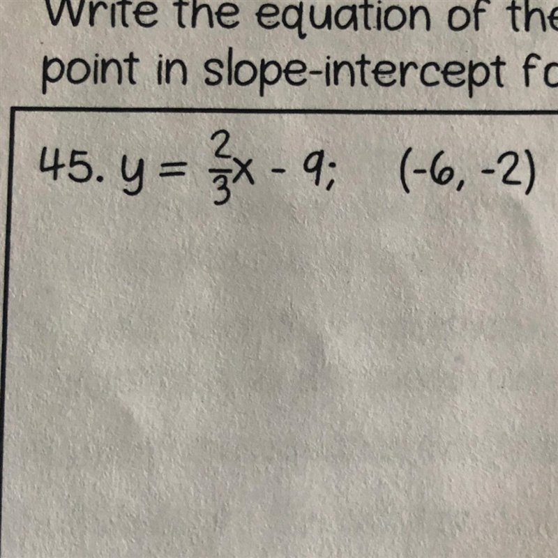 HELP!! Write the equation of the line perpendicular to the given line that passes-example-1