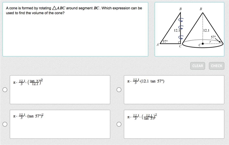 A cone is formed by rotating △ABC around segment BC . Which expression can be used-example-1