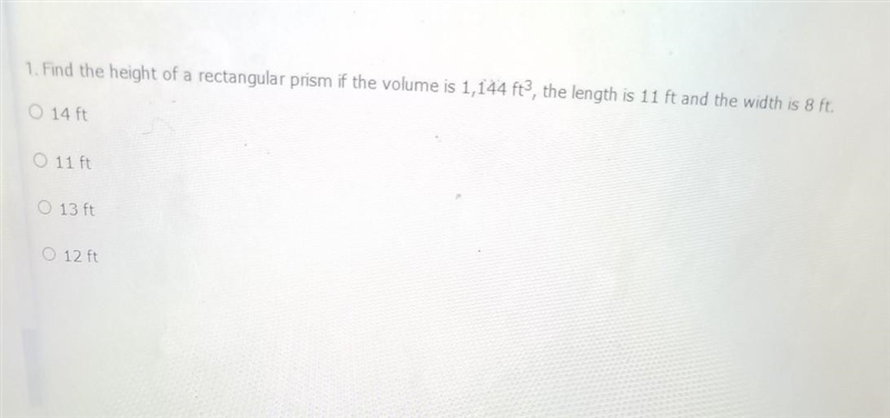 find the height of the rectangular prism if the volume is 1,144 ft the length is 11 ft-example-1