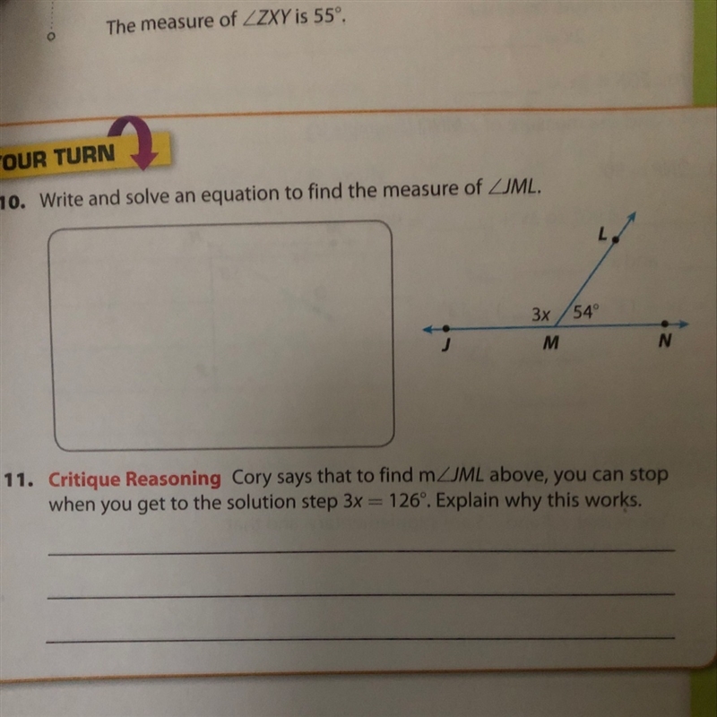 10. Write and solve an equation to find the measure of 11. Cory says that to find-example-1