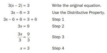 Look at the steps used when solving 3(x - 2) = 3 for x Which step is the result of-example-1