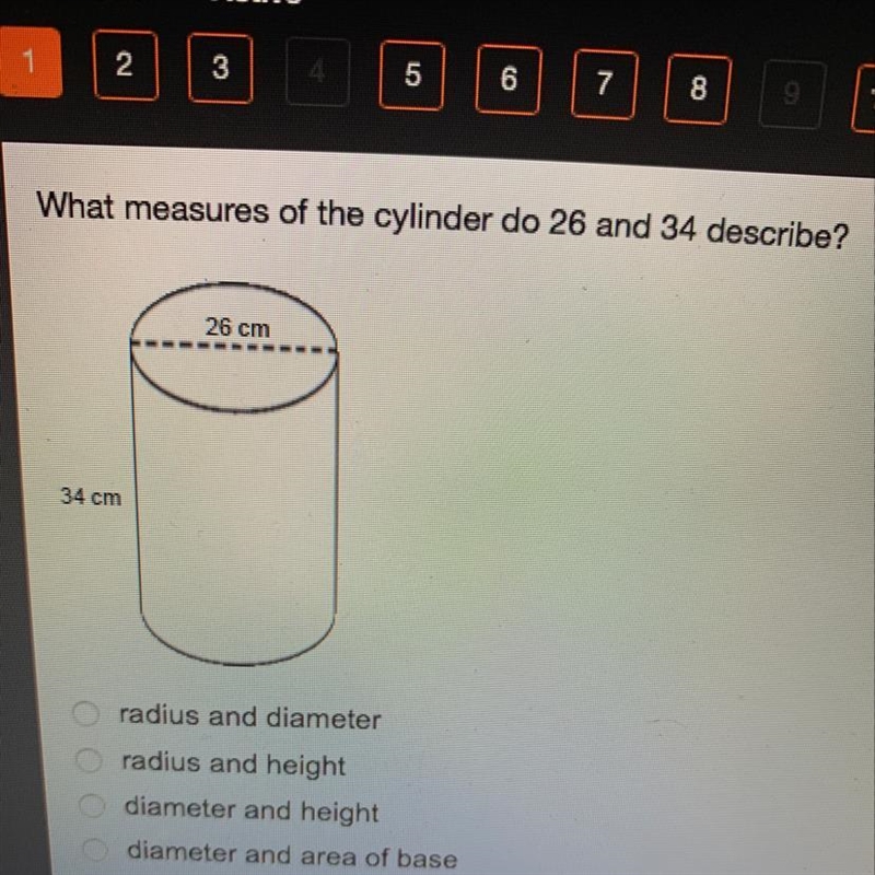 What measure of the cylinder do 26 and 34 describe?-example-1