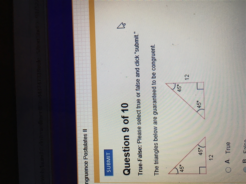 True or false? The triangles below are guaranteed to be congruent.-example-1