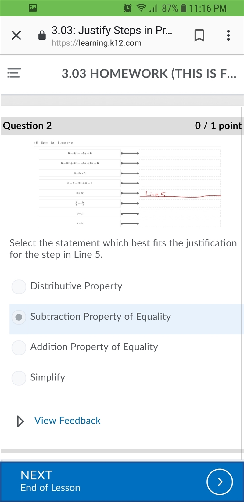 Select the statement which best fits the justification for the step in Line 5. Question-example-1