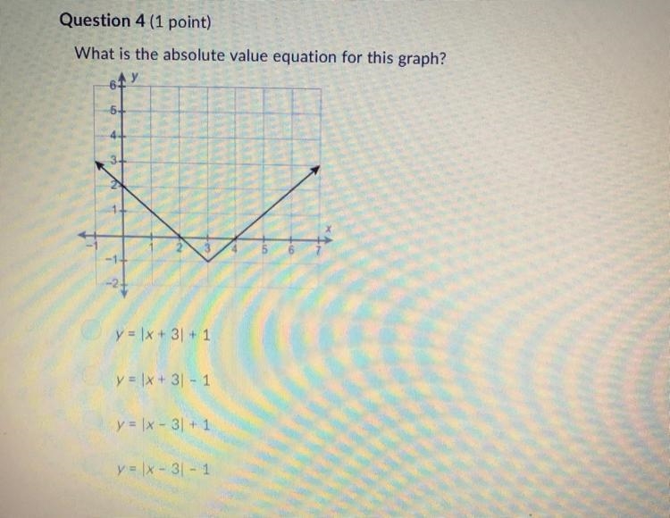 What is the absolute value equation for this graph? Y = |x + 3| + 1 Y = |x + 3| - 1 Y-example-1