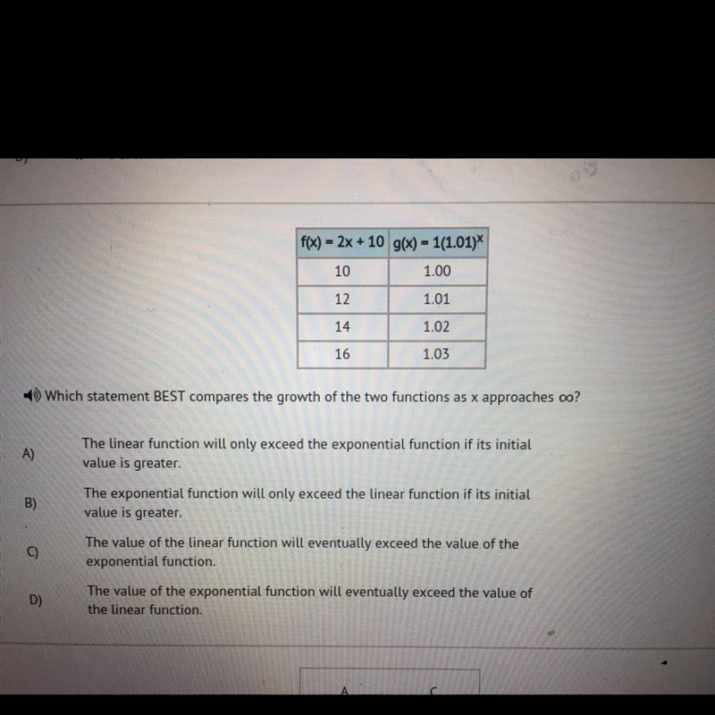 Which statement BEST compares the growth of the two functions as x approaches infinity-example-1