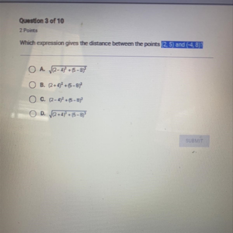 Which expression gives the distance between the points Apex!!!! Need help so also-example-1