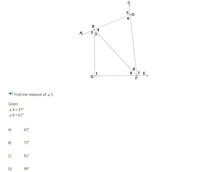 Find the measure of ∠5. Given: ∠4 = 37° ∠8 = 62°-example-1