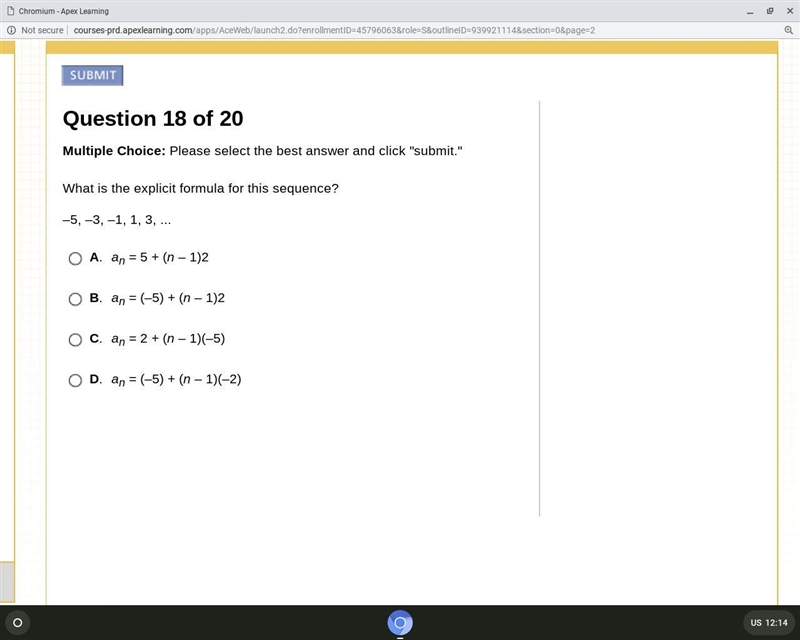 20 points What is the explicit formula for this sequence? -5,-3,-1,1,3-example-1