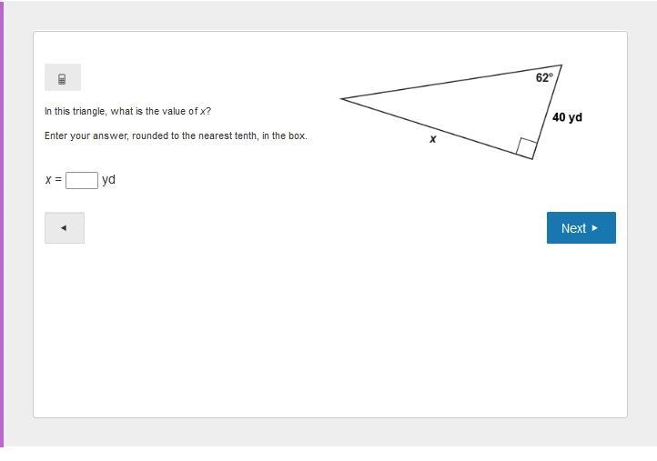 In this triangle, what is the value of x? Enter your answer, rounded to the nearest-example-1