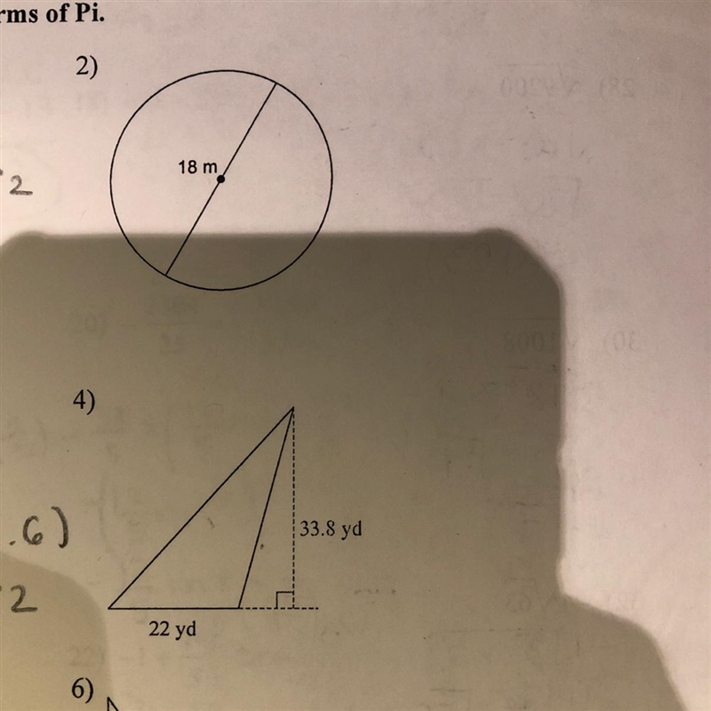 2) find the area of each. Leave your answer in terms of Pi. 4) find the area of each-example-1