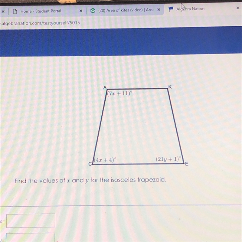 Find the values of x and y for the isosceles trapezoid-example-1