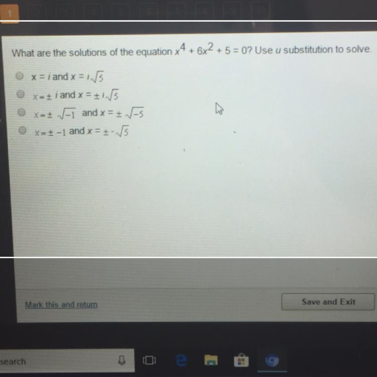 What are the solutions of the equation x4 + 6x2 + 5 = 0? Use u substitution to solve-example-1