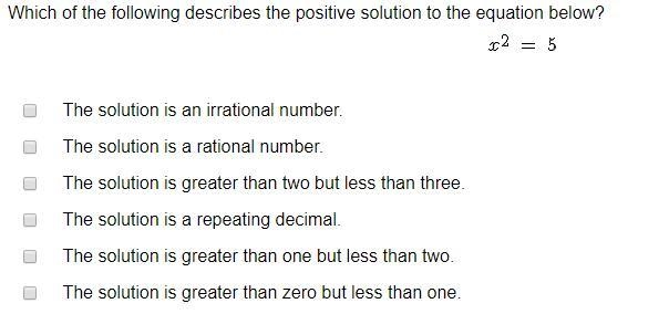 Which of the following describes the positive solution to the equation below? The-example-1