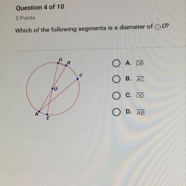 Which of the following segment is a diameter of O-example-1