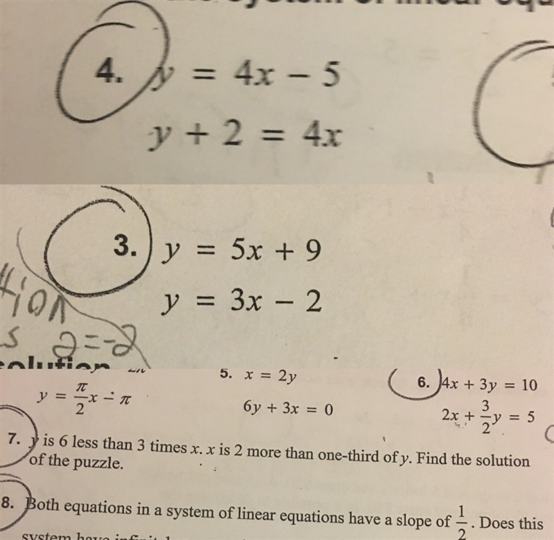 I just need help with three, four, and seven. Solve the system of linear equations-example-1