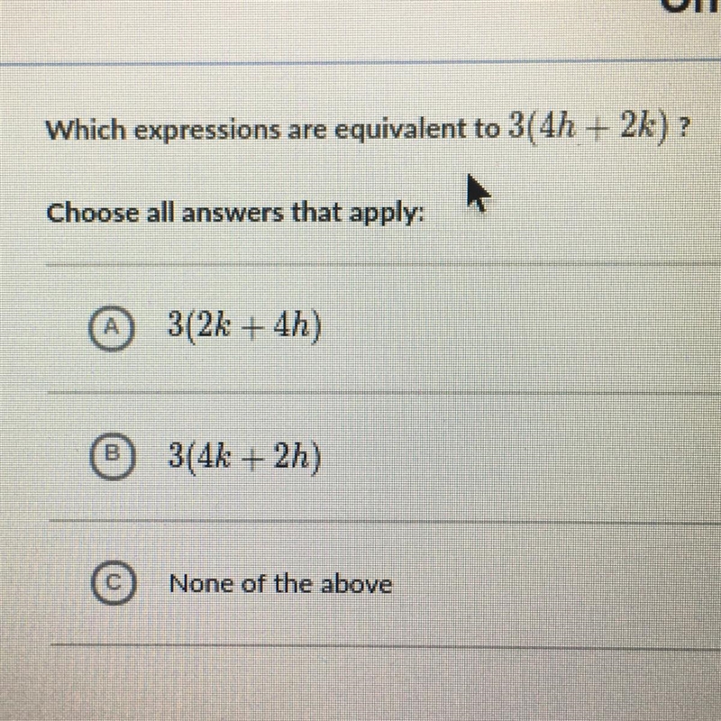 Which expressions are equivalent to 3(4h + 2k)-example-1