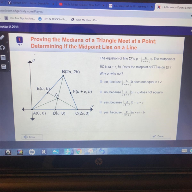 Does the midpoint BC lie on line AG? Why or why not?-example-1