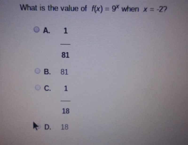 What is the value of f(x)=9^x when x=-2​-example-1