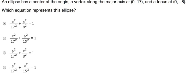 An ellipse has a center at the origin, a vertex along the major axis at (0, 17), and-example-1