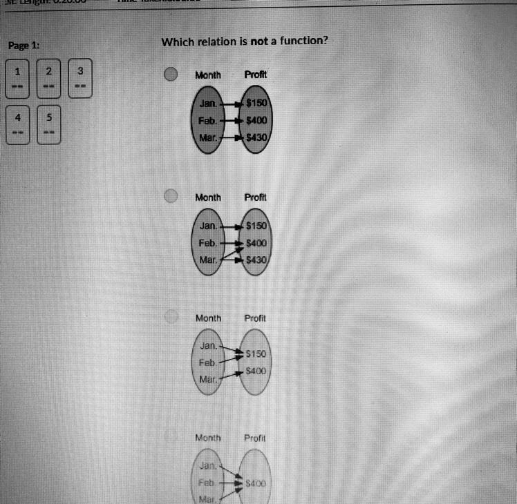 Which relation is not a function? (A) Month Profit Jan. $150 Feb. $400 Mar. $430 (B-example-1