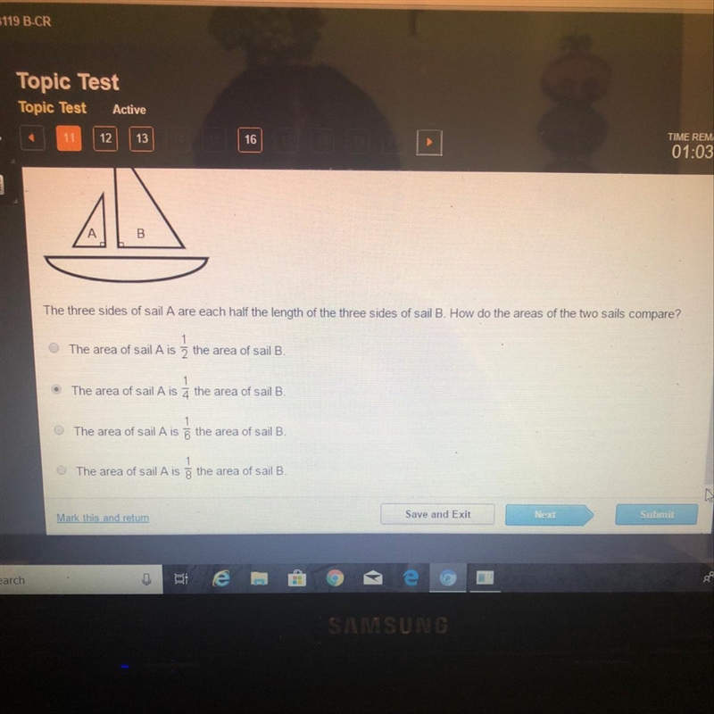 The three sides of a sail A are each half the length of the three sides of sail B-example-1