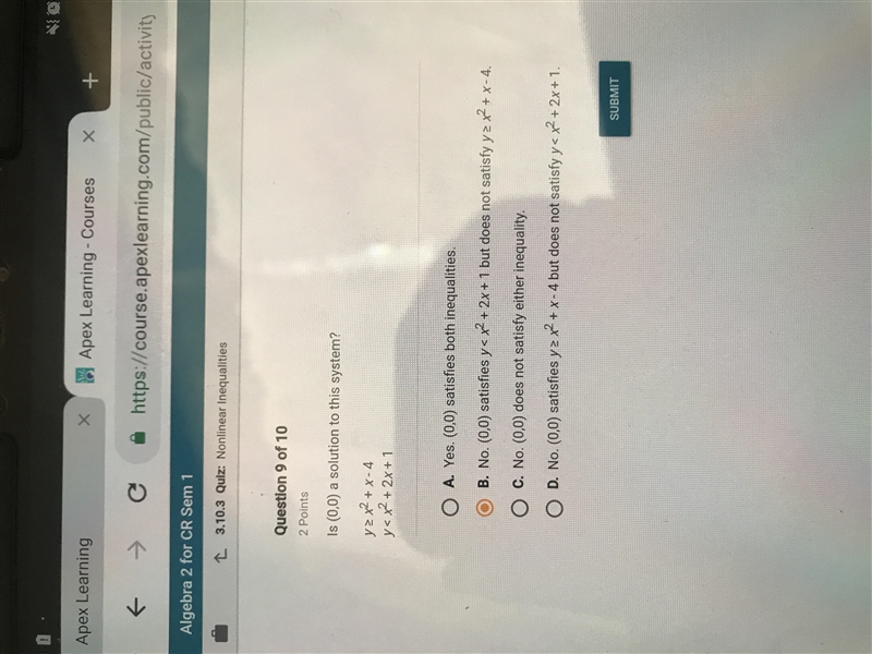 Is (0,0) a solution to this system?-example-1