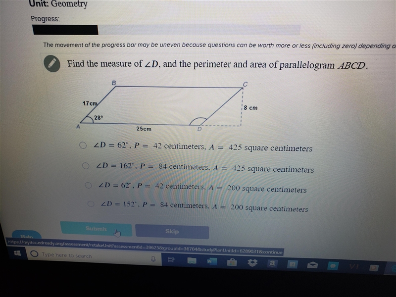 Find the measure of angle D, and the perimeter and area of parallelogram abcd-example-1