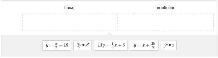 Determine if each function is linear or nonlinear. Drag each function into a box to-example-1