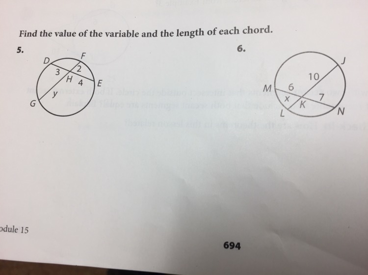 Find the value of the variable and the length of each chord for #5 and #6.-example-1