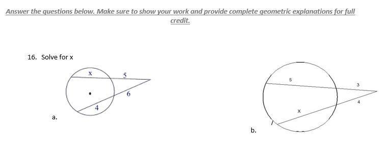 HELP! Solve for x. Make sure to show your work and provide complete geometric explanations-example-1