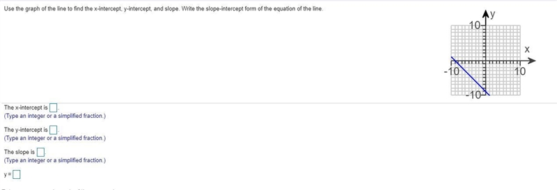 Use the graph of the line to find the​ x-intercept, y-intercept, and slope. Write-example-1