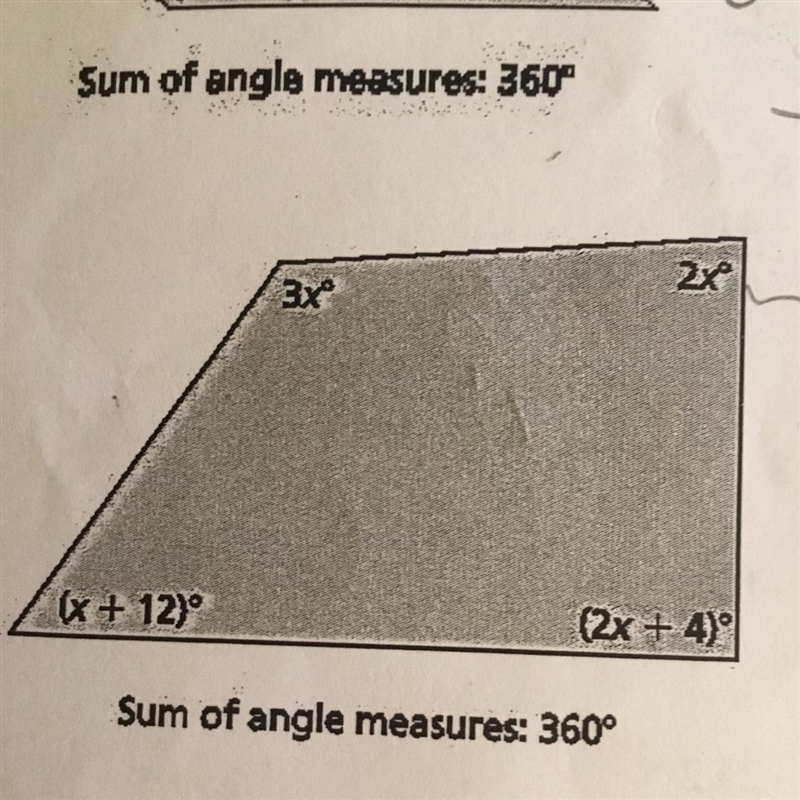 Find the value of x. Then find the angle measures of the polygon.-example-1