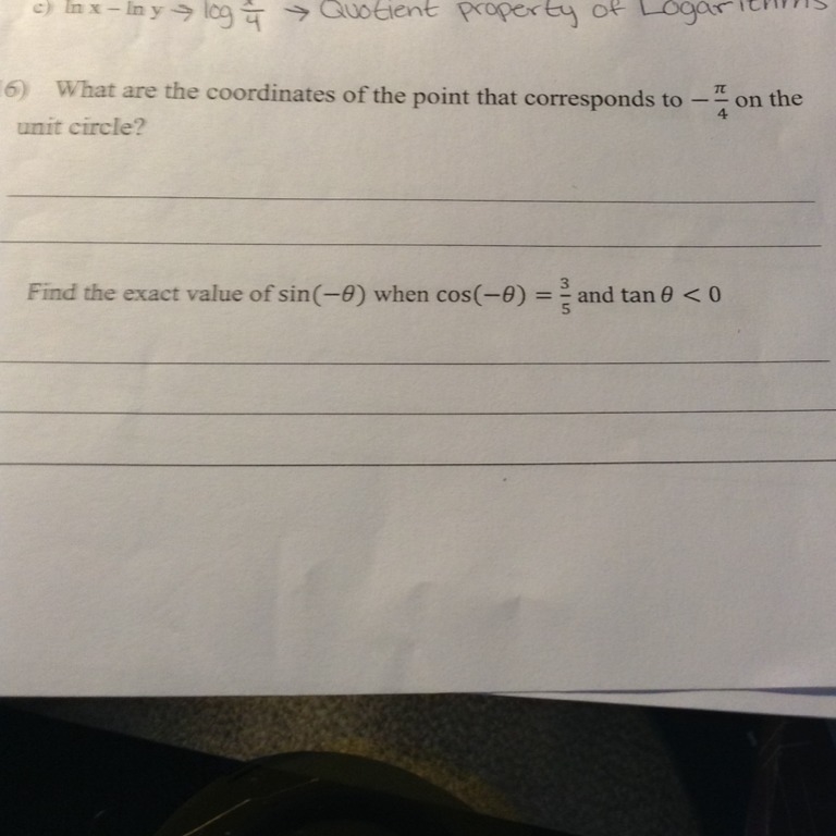 What are the coordinates of the points that corresponds to -pi/4 on the unit circle-example-1